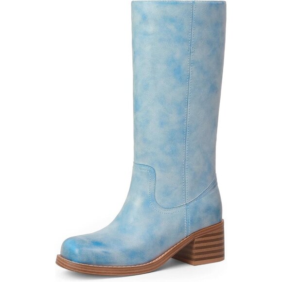 Women's Blue Mid Calf Boots Chunky Block Heel Square Toe Comfortable Casual